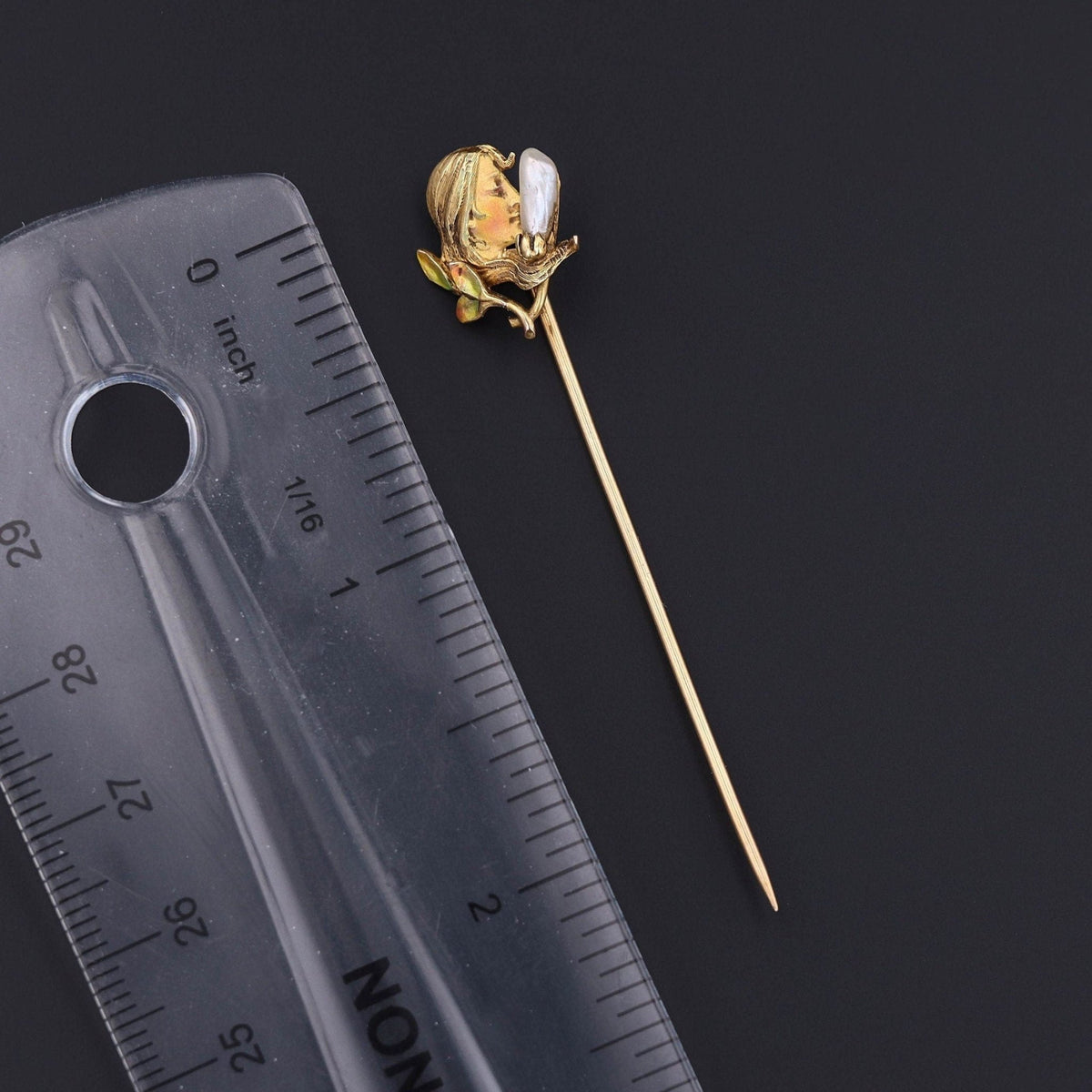 Art Nouveau Enamel Woman Stickpin of 14k Gold by Krementz and Co. - Trademark Antiques