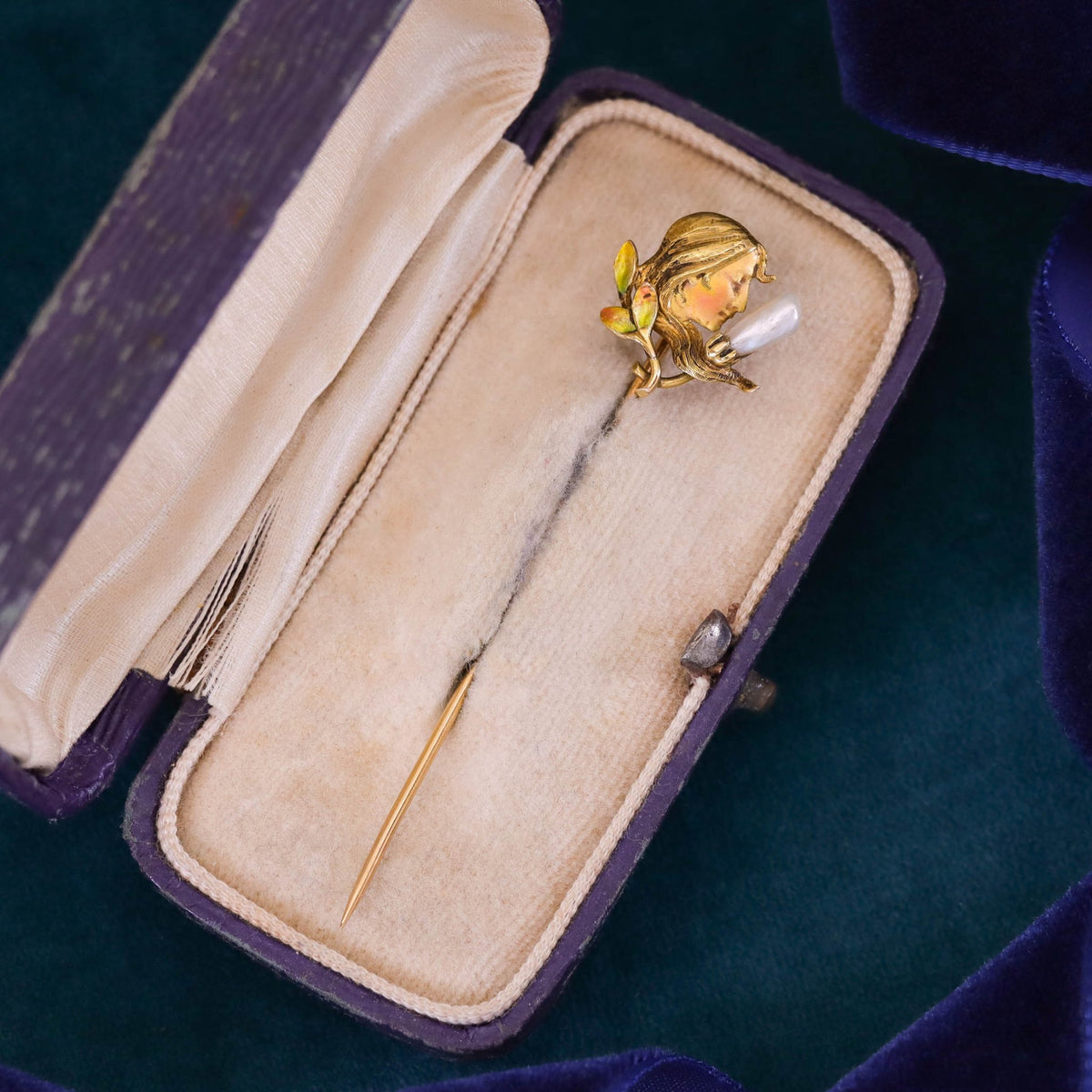 Art Nouveau Enamel Woman Stickpin of 14k Gold by Krementz and Co. - Trademark Antiques