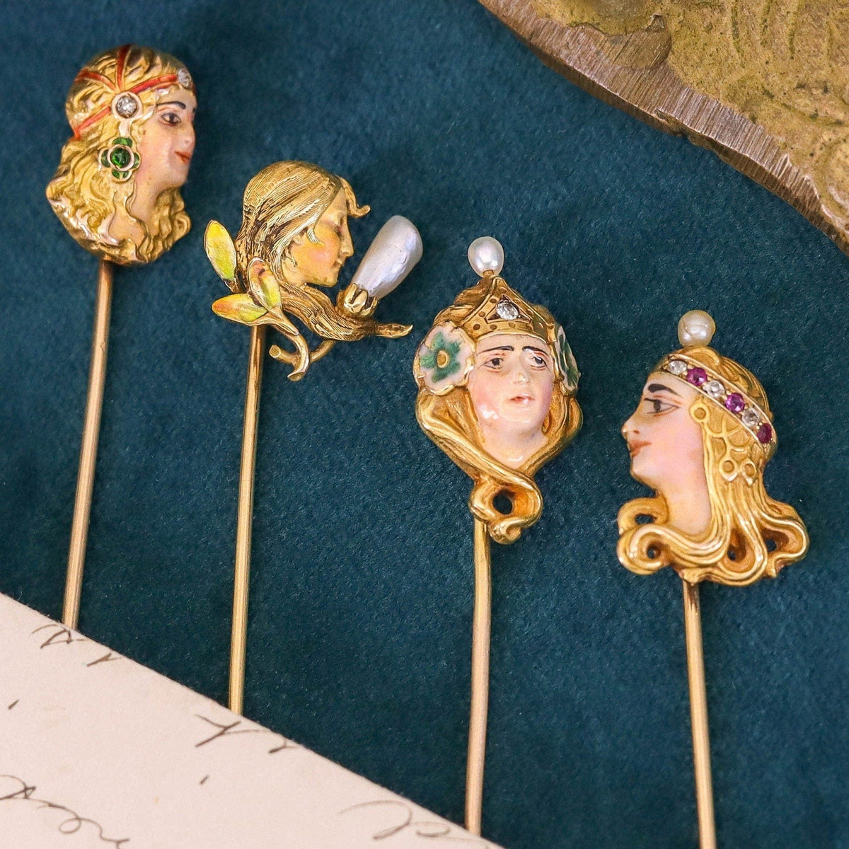 Art Nouveau Enamel Woman Stickpin of 14k Gold by Krementz and Co. - Trademark Antiques
