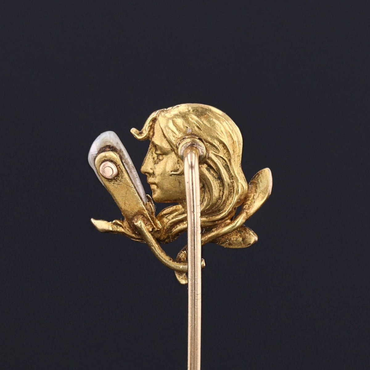 Art Nouveau Enamel Woman Stickpin of 14k Gold by Krementz and Co. - Trademark Antiques