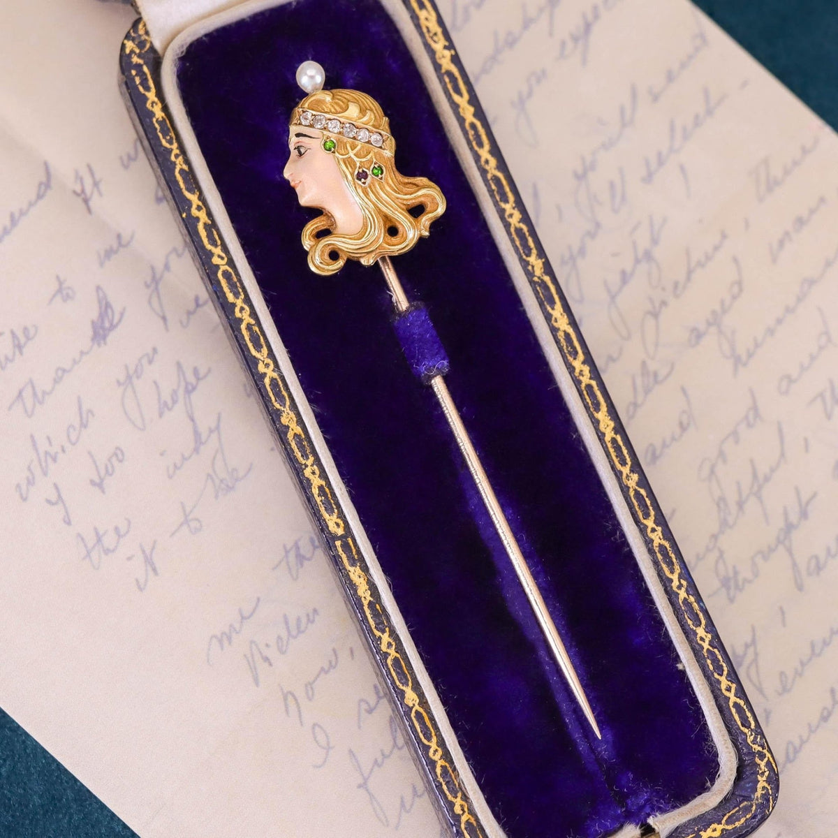 Art Nouveau Enamel Woman Stickpin of 18k Gold - Trademark Antiques