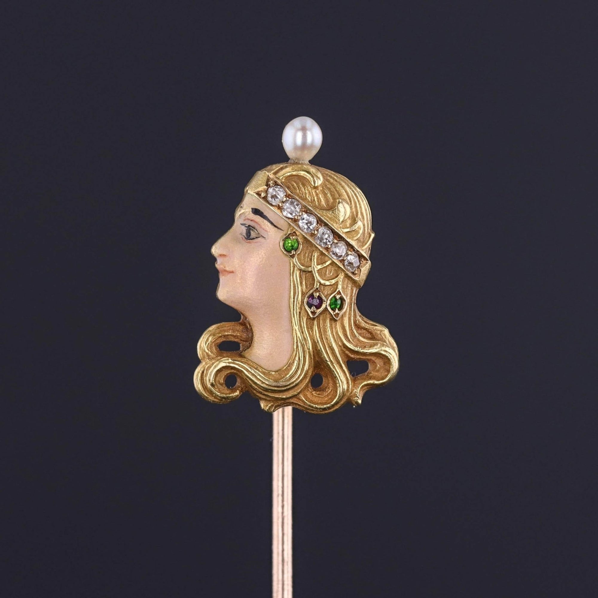 Art Nouveau Enamel Woman Stickpin of 18k Gold - Trademark Antiques