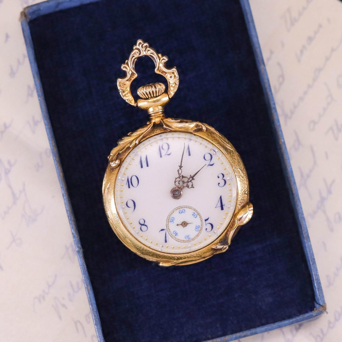 Art Nouveau Floral Pocket Watch of 14k Gold - Trademark Antiques