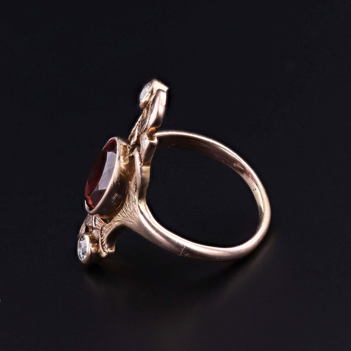 Art Nouveau Malaia Garnet and Diamond Ring of 10k Gold - Trademark Antiques