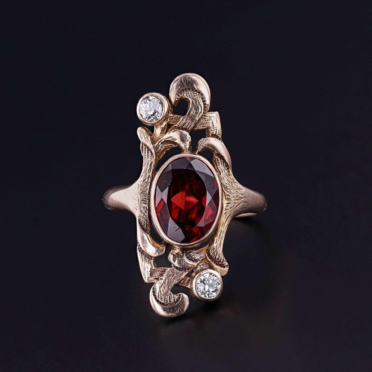 Art Nouveau Malaia Garnet and Diamond Ring of 10k Gold - Trademark Antiques