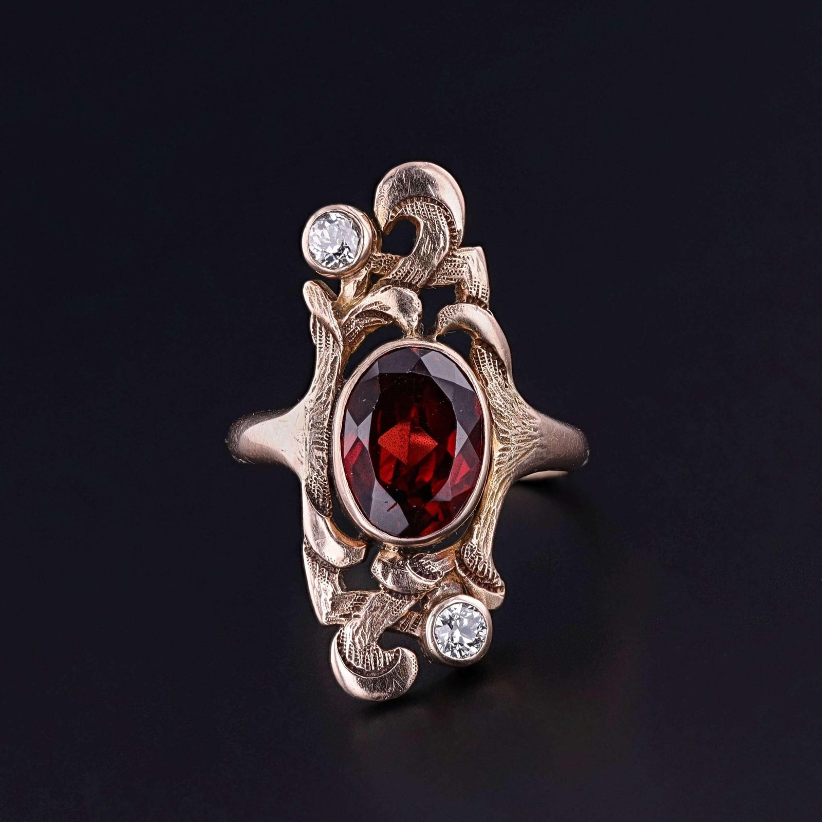 Art Nouveau Malaia Garnet and Diamond Ring of 10k Gold - Trademark Antiques
