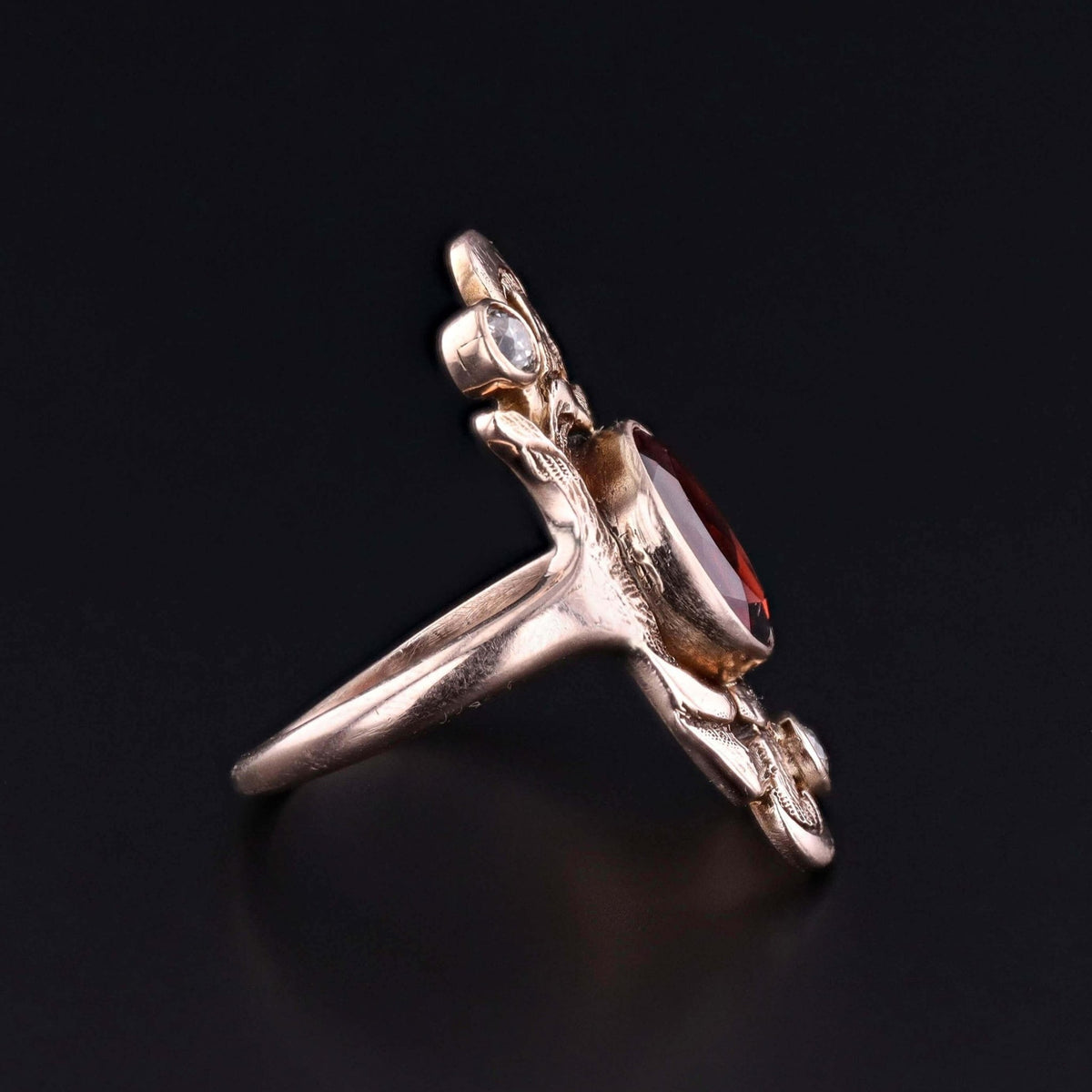 Art Nouveau Malaia Garnet and Diamond Ring of 10k Gold - Trademark Antiques