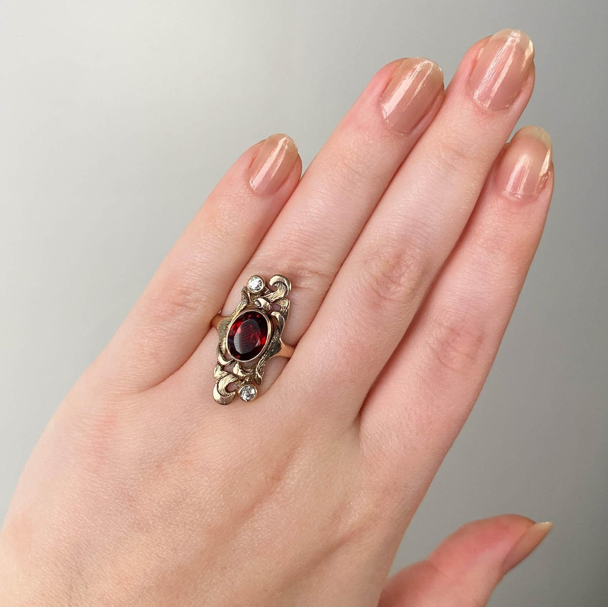 Art Nouveau Malaia Garnet and Diamond Ring of 10k Gold - Trademark Antiques