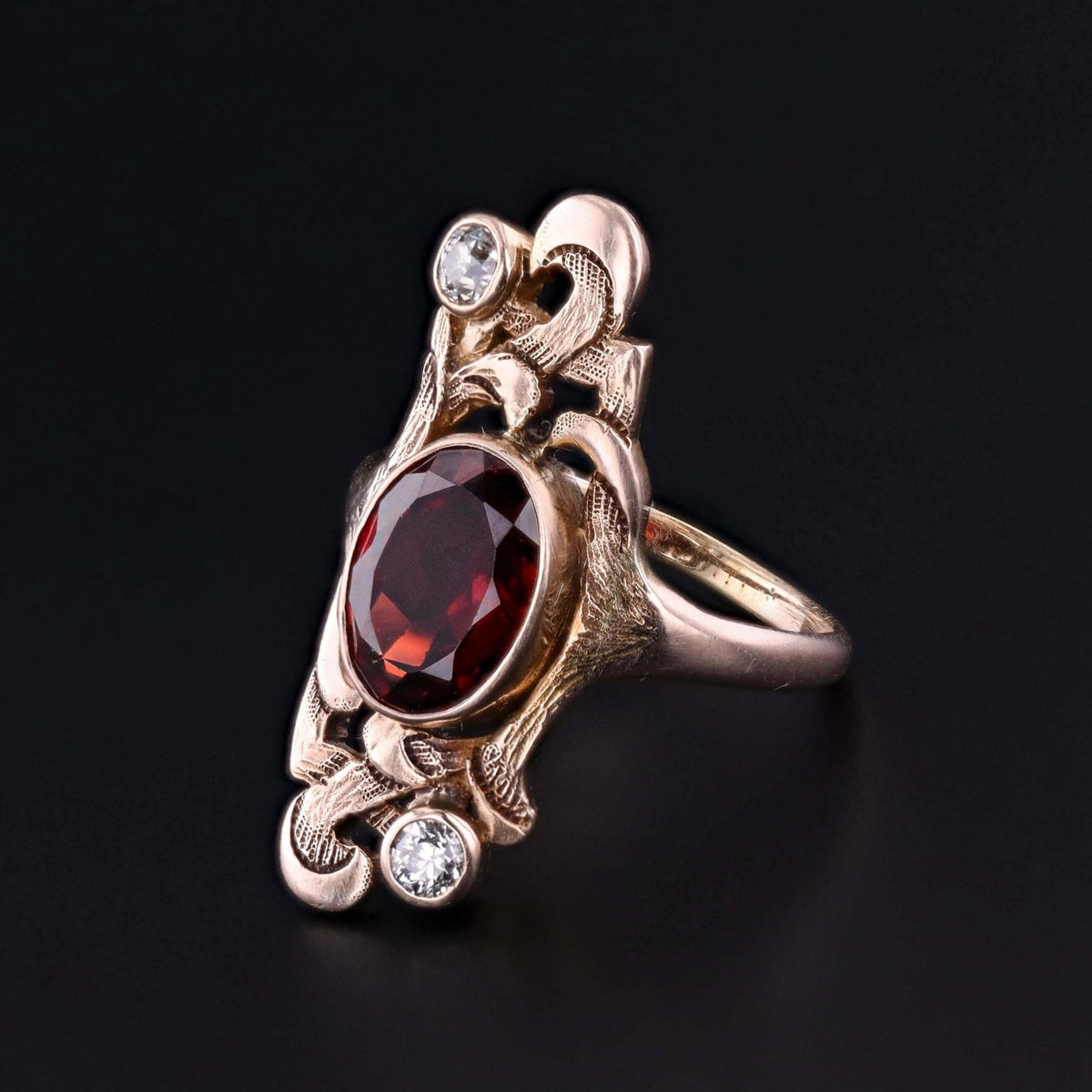 Art Nouveau Malaia Garnet and Diamond Ring of 10k Gold - Trademark Antiques