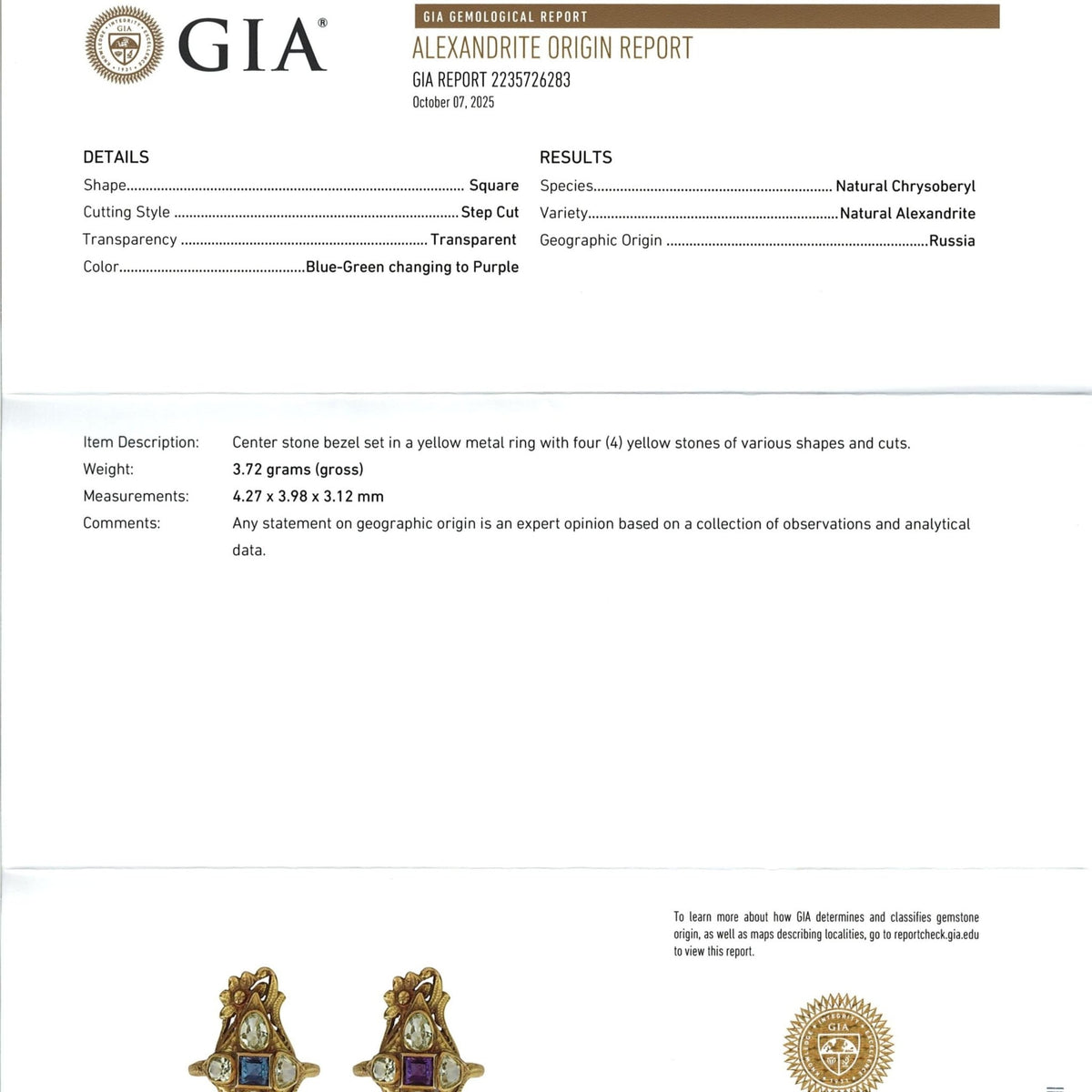 Art Nouveau Natural Alexandrite Ring of 10k Gold - GIA Cert - Trademark Antiques