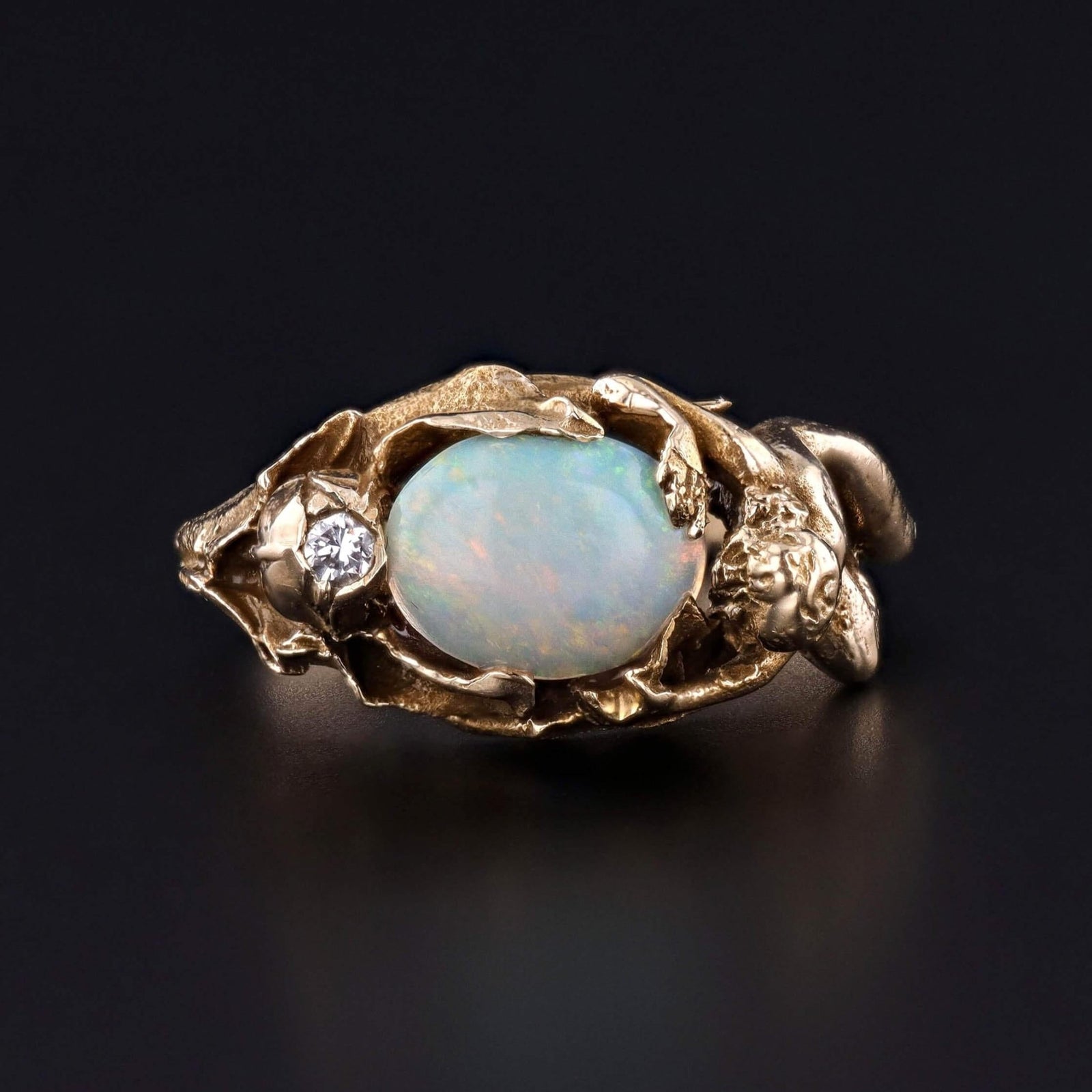 Art Nouveau Opal and Diamond Figural Ring of 14k Gold - Trademark Antiques
