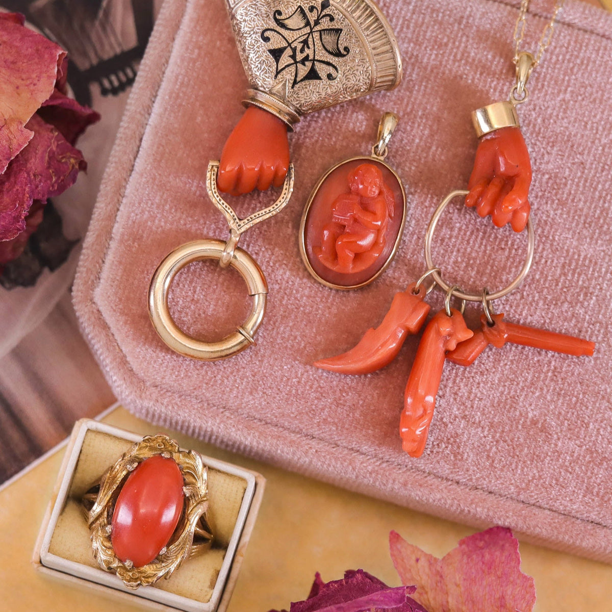 Art Nouveau Oval Coral Ring of 10k Gold - Trademark Antiques