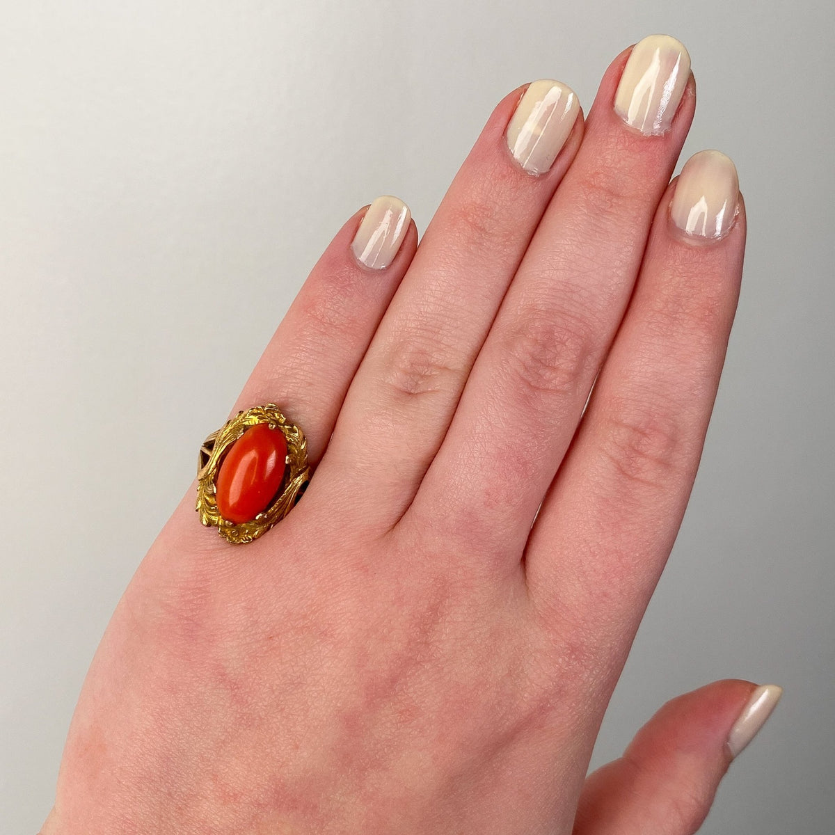Art Nouveau Oval Coral Ring of 10k Gold - Trademark Antiques