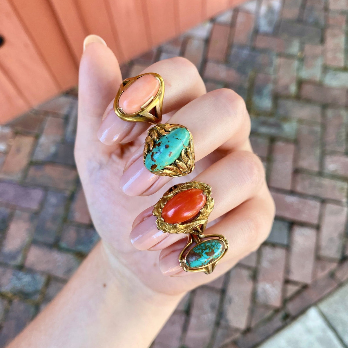 Art Nouveau Oval Coral Ring of 10k Gold - Trademark Antiques