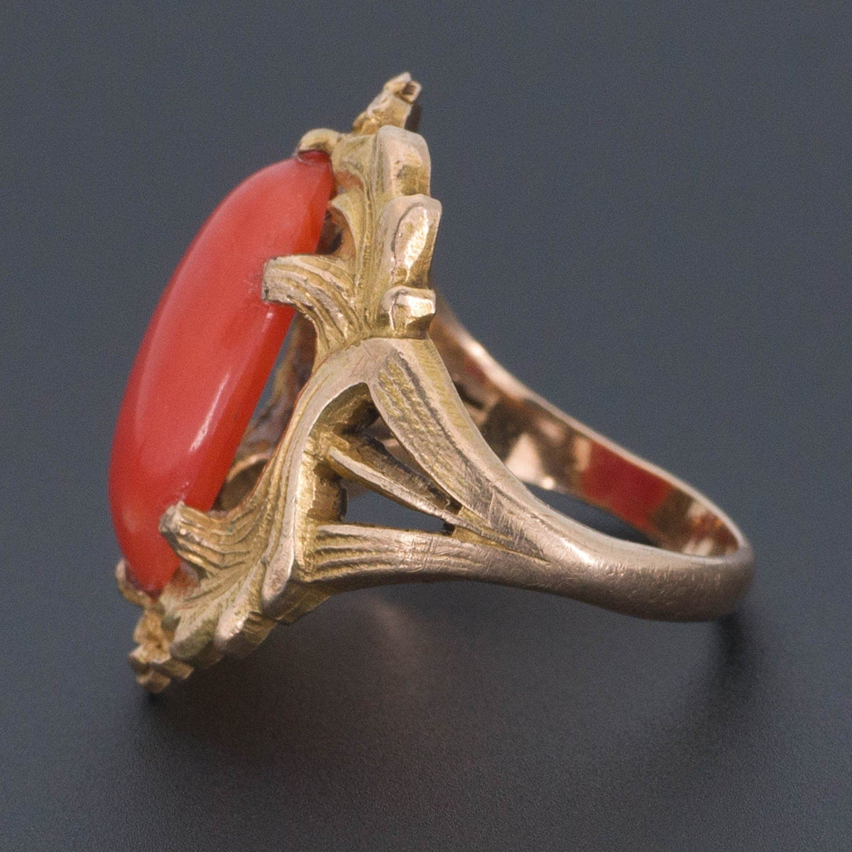 Art Nouveau Oval Coral Ring of 10k Gold - Trademark Antiques