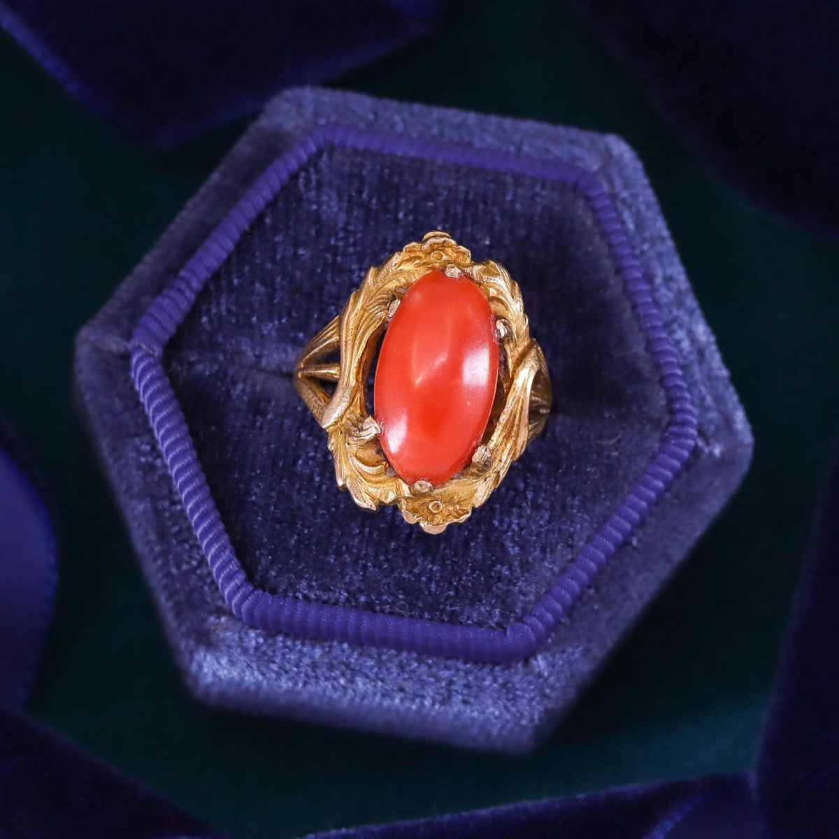 Art Nouveau Oval Coral Ring of 10k Gold - Trademark Antiques