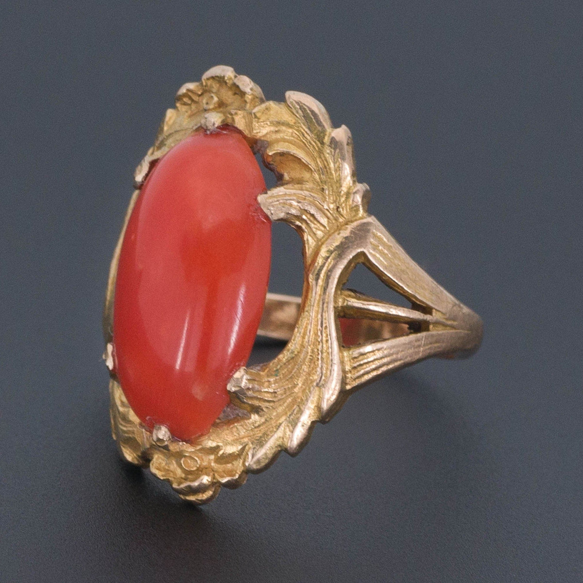 Art Nouveau Oval Coral Ring of 10k Gold - Trademark Antiques