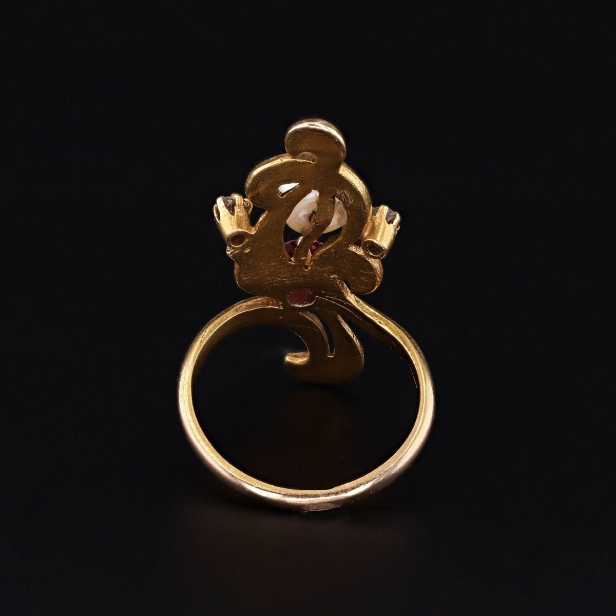 Art Nouveau Pearl, Ruby and Diamond Ring of 14k Gold - Trademark Antiques