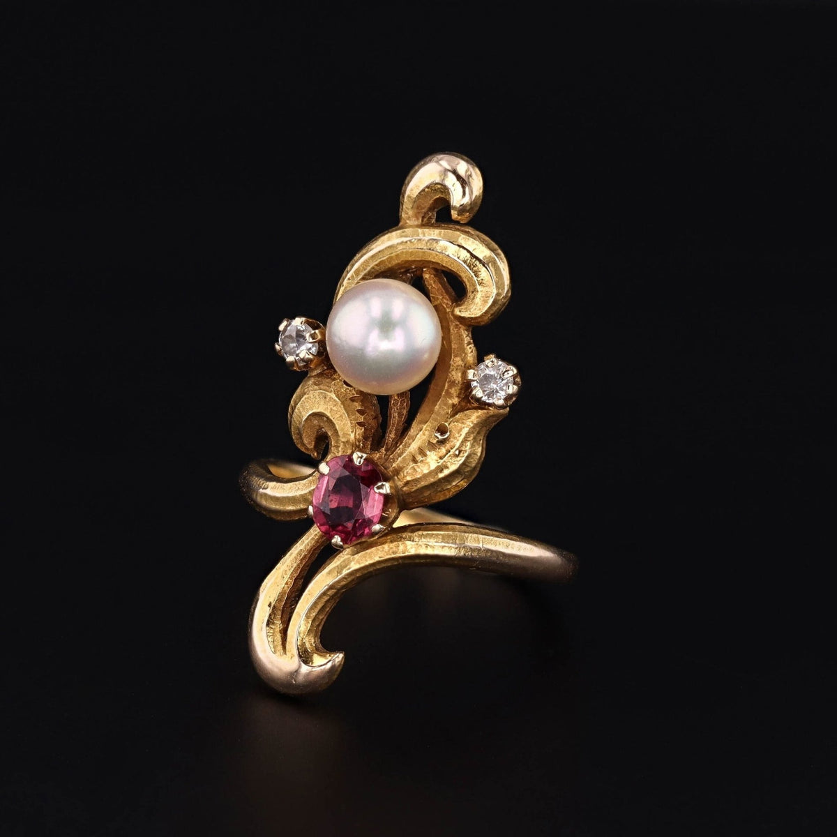 Art Nouveau Pearl, Ruby and Diamond Ring of 14k Gold - Trademark Antiques