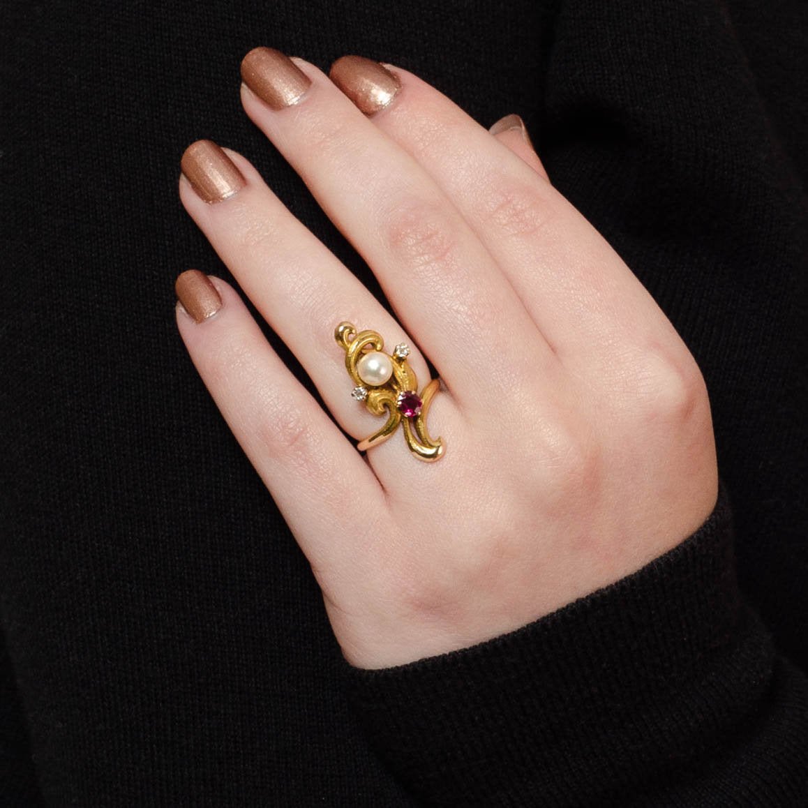 Art Nouveau Pearl, Ruby and Diamond Ring of 14k Gold - Trademark Antiques