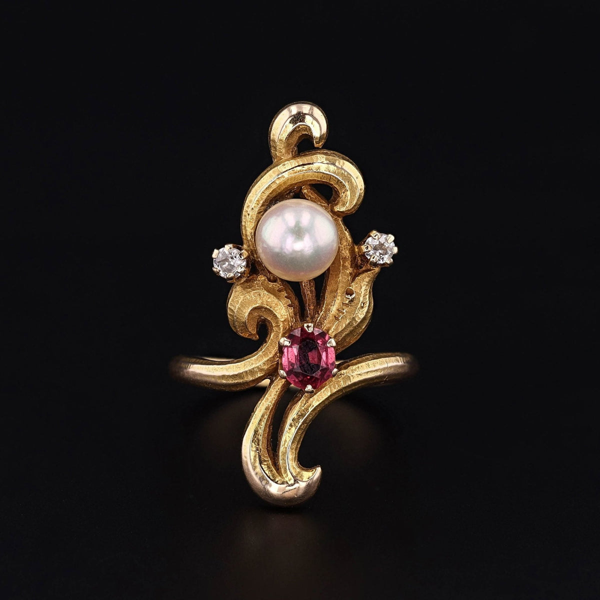 Art Nouveau Pearl, Ruby and Diamond Ring of 14k Gold - Trademark Antiques