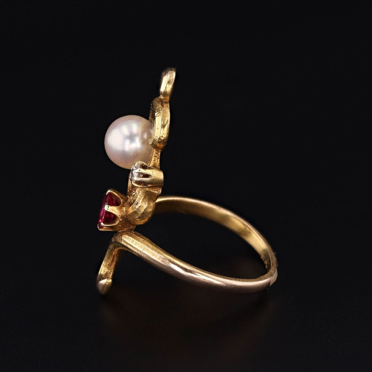 Art Nouveau Pearl, Ruby and Diamond Ring of 14k Gold - Trademark Antiques