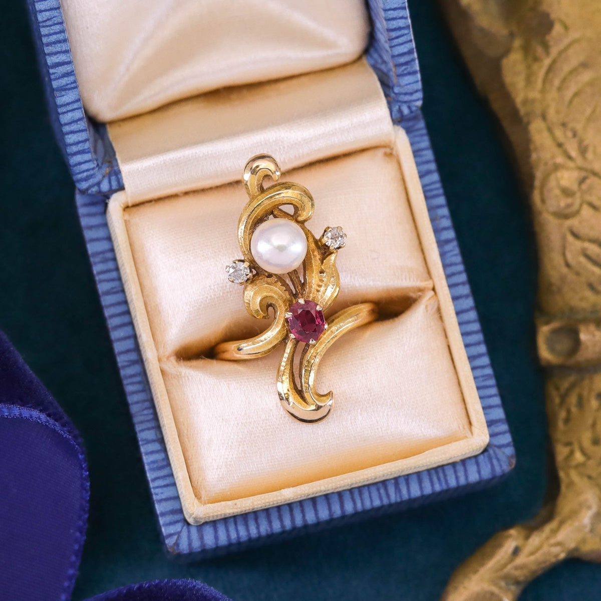 Art Nouveau Pearl, Ruby and Diamond Ring of 14k Gold - Trademark Antiques