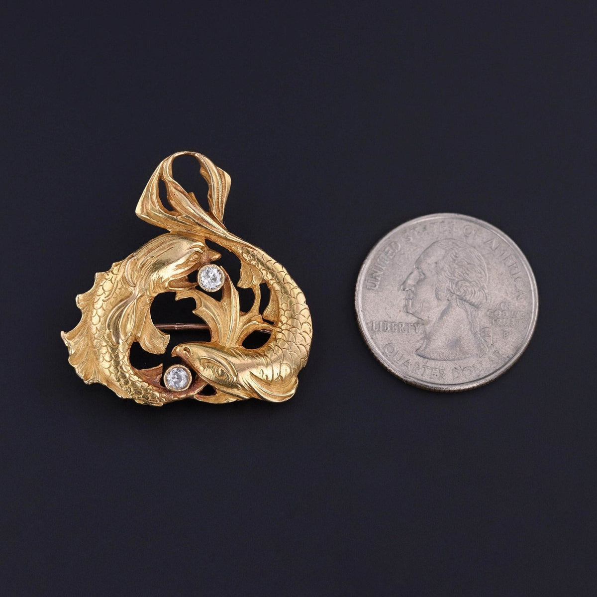 Art Nouveau Pisces Fish Brooch of 18k Gold - Trademark Antiques