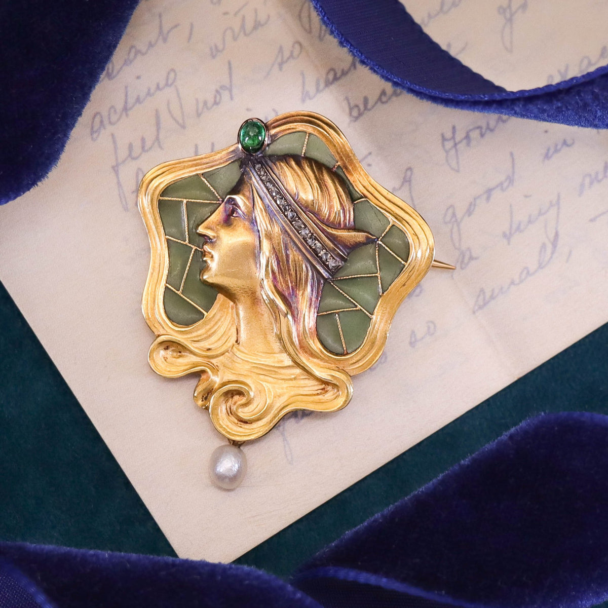 Art Nouveau Plique a Jour Enamel Woman Brooch of 14k Gold - Trademark Antiques