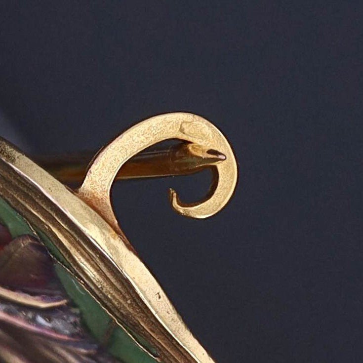 Art Nouveau Plique a Jour Enamel Woman Brooch of 14k Gold - Trademark Antiques