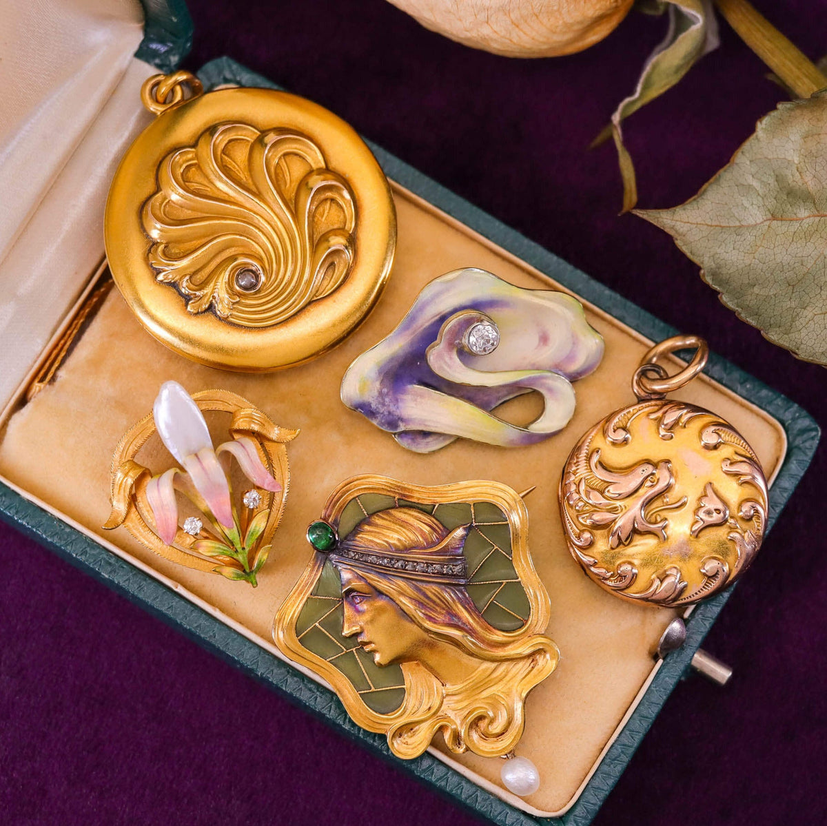 Art Nouveau Plique a Jour Enamel Woman Brooch of 14k Gold - Trademark Antiques