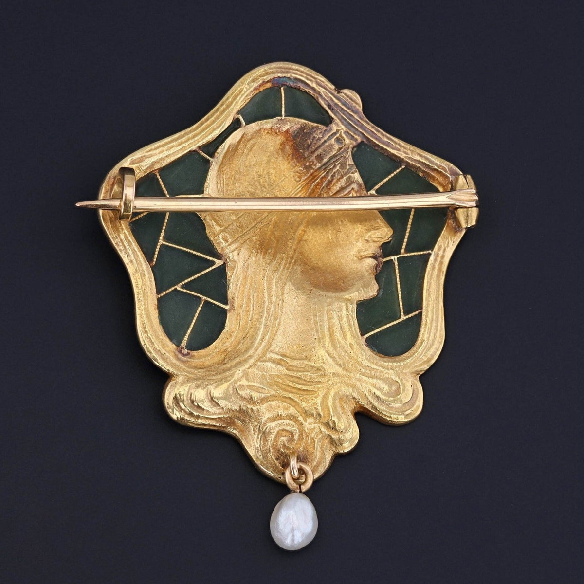 Art Nouveau Plique a Jour Enamel Woman Brooch of 14k Gold - Trademark Antiques
