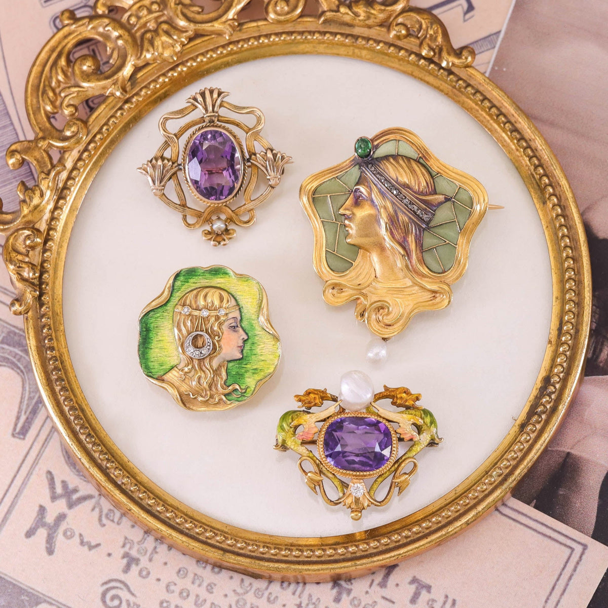 Art Nouveau Plique a Jour Enamel Woman Brooch of 14k Gold - Trademark Antiques