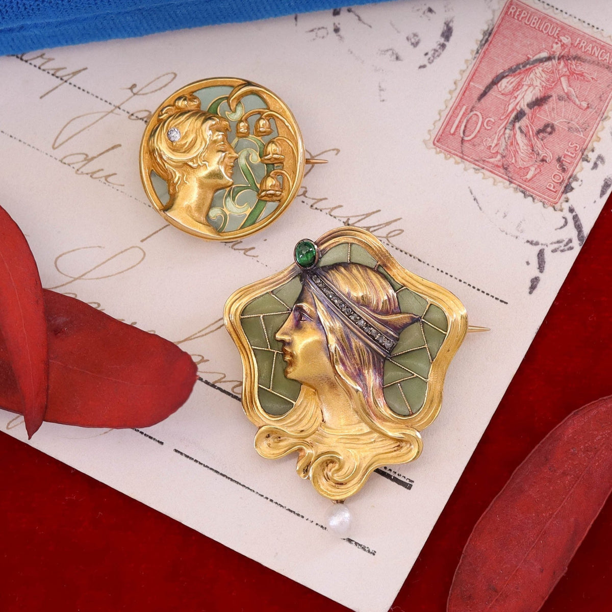 Art Nouveau Plique a Jour Enamel Woman Brooch of 14k Gold - Trademark Antiques