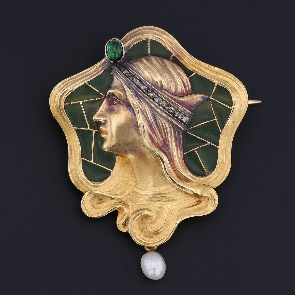 Art Nouveau Plique a Jour Enamel Woman Brooch of 14k Gold - Trademark Antiques