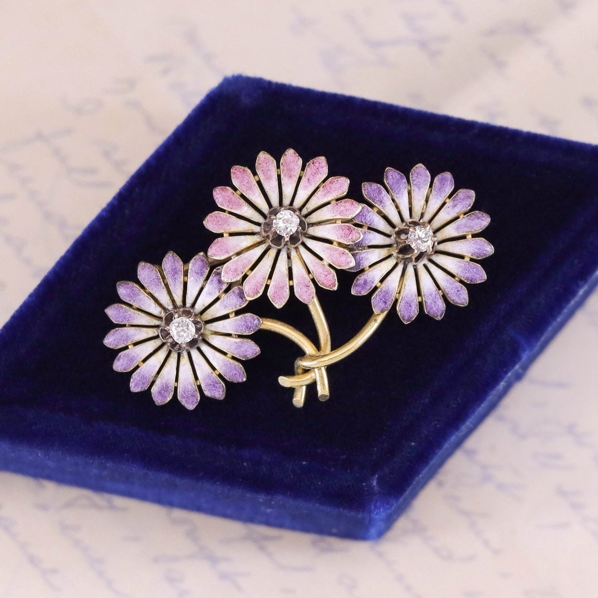Art Nouveau Purple and Pink Enamel Daisy Brooch of 14k Gold - Trademark Antiques