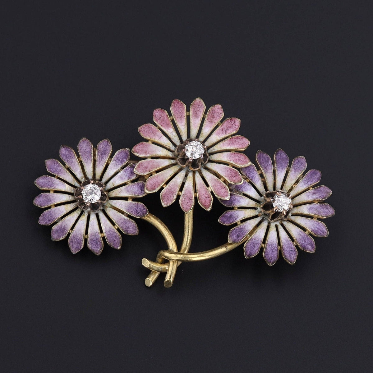 Art Nouveau Purple and Pink Enamel Daisy Brooch of 14k Gold - Trademark Antiques