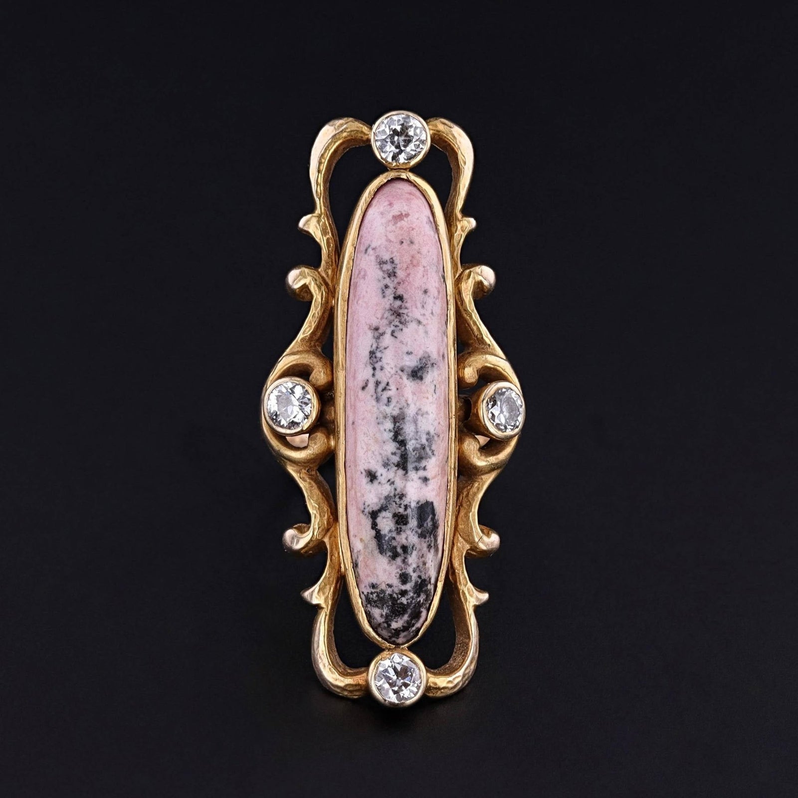 Art Nouveau Rhodonite and Diamond Ring of 10k Gold - Trademark Antiques