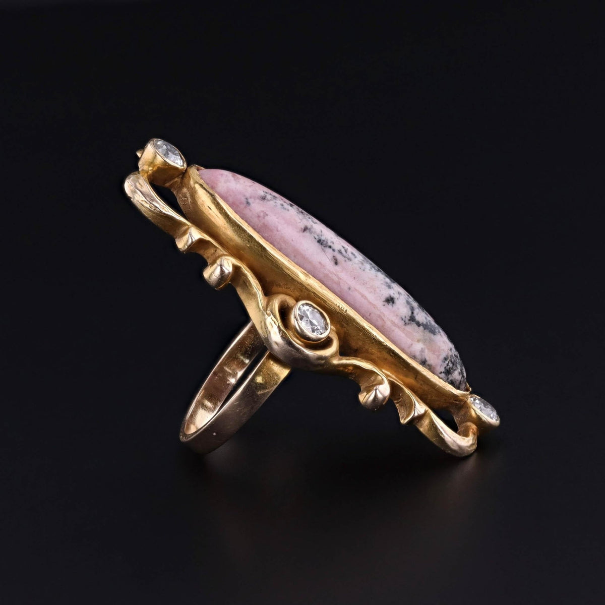 Art Nouveau Rhodonite and Diamond Ring of 10k Gold - Trademark Antiques