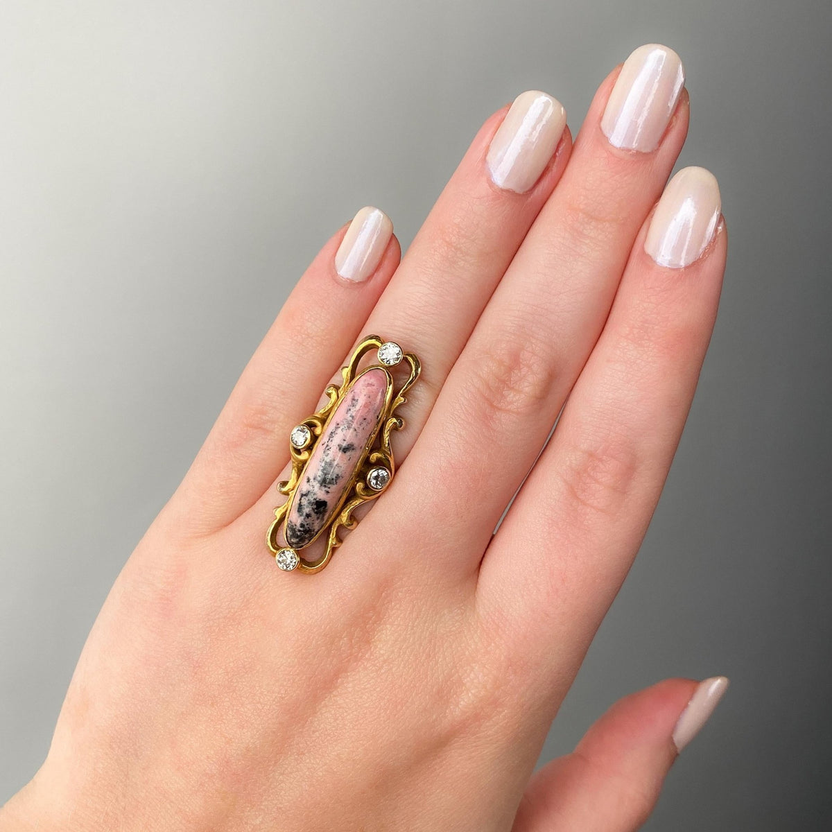 Art Nouveau Rhodonite and Diamond Ring of 10k Gold - Trademark Antiques