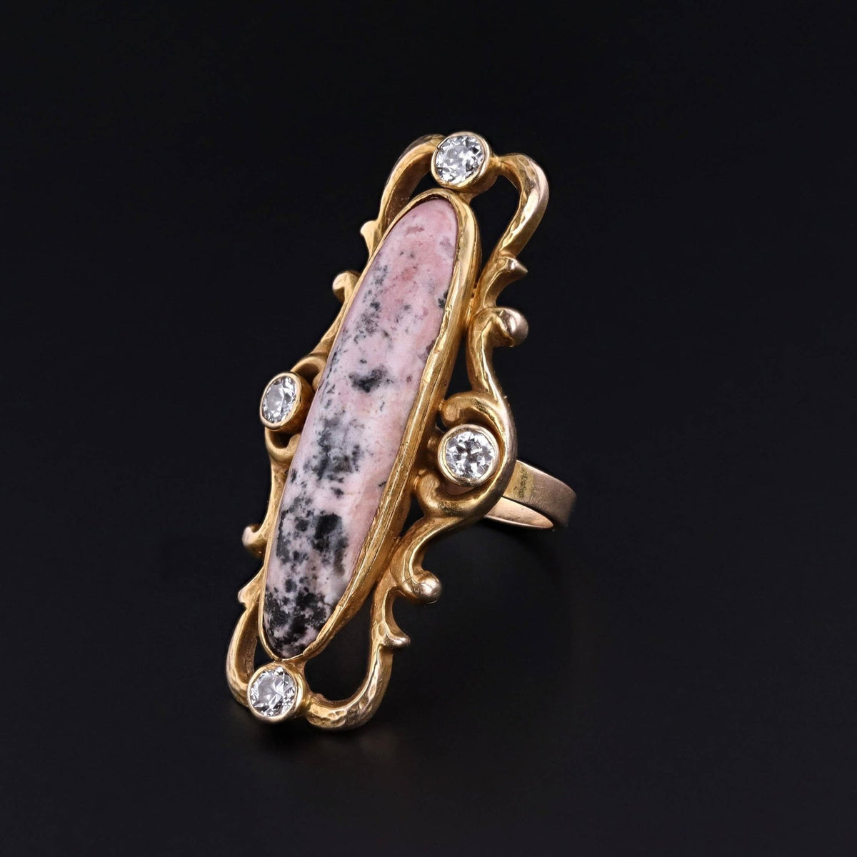 Art Nouveau Rhodonite and Diamond Ring of 10k Gold - Trademark Antiques