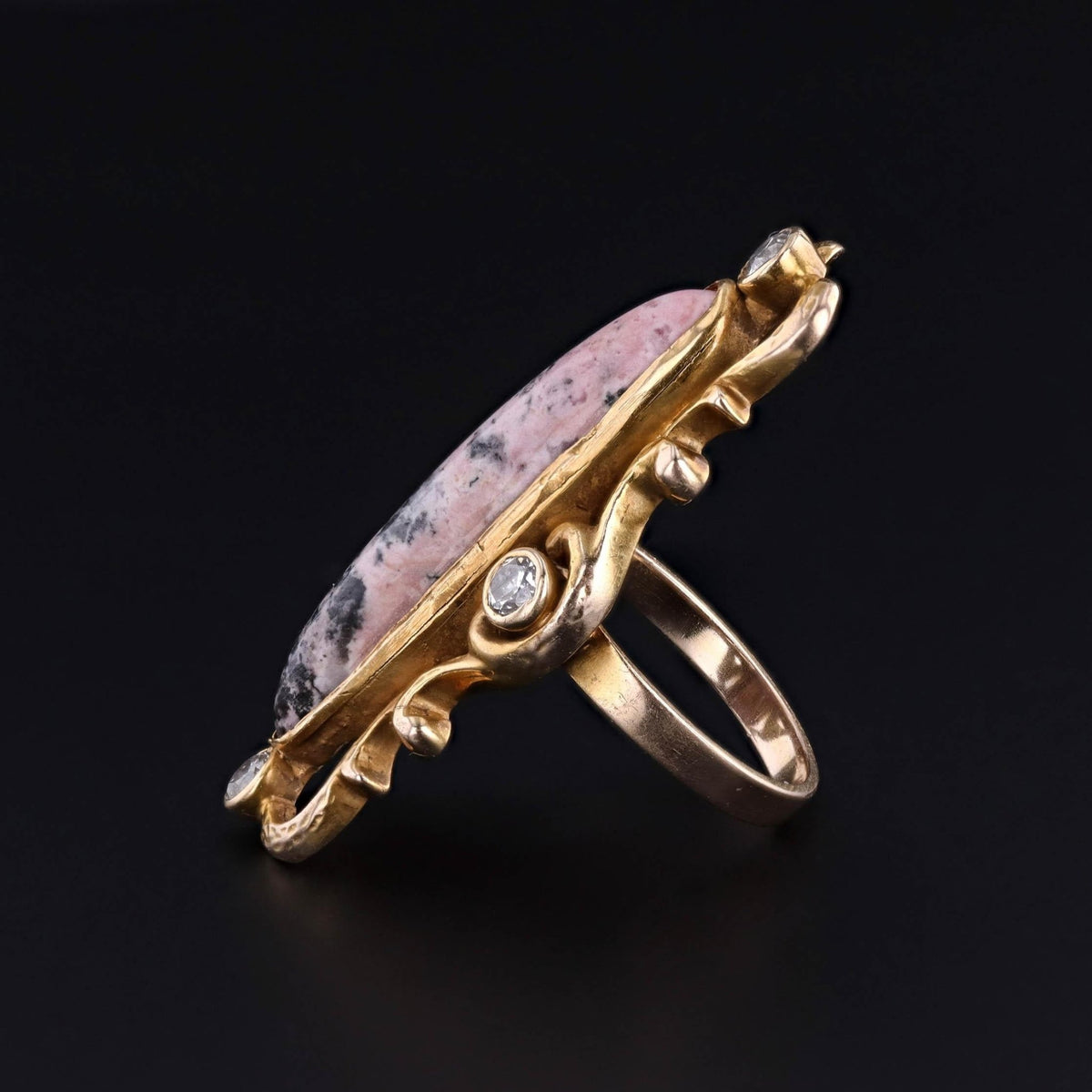 Art Nouveau Rhodonite and Diamond Ring of 10k Gold - Trademark Antiques