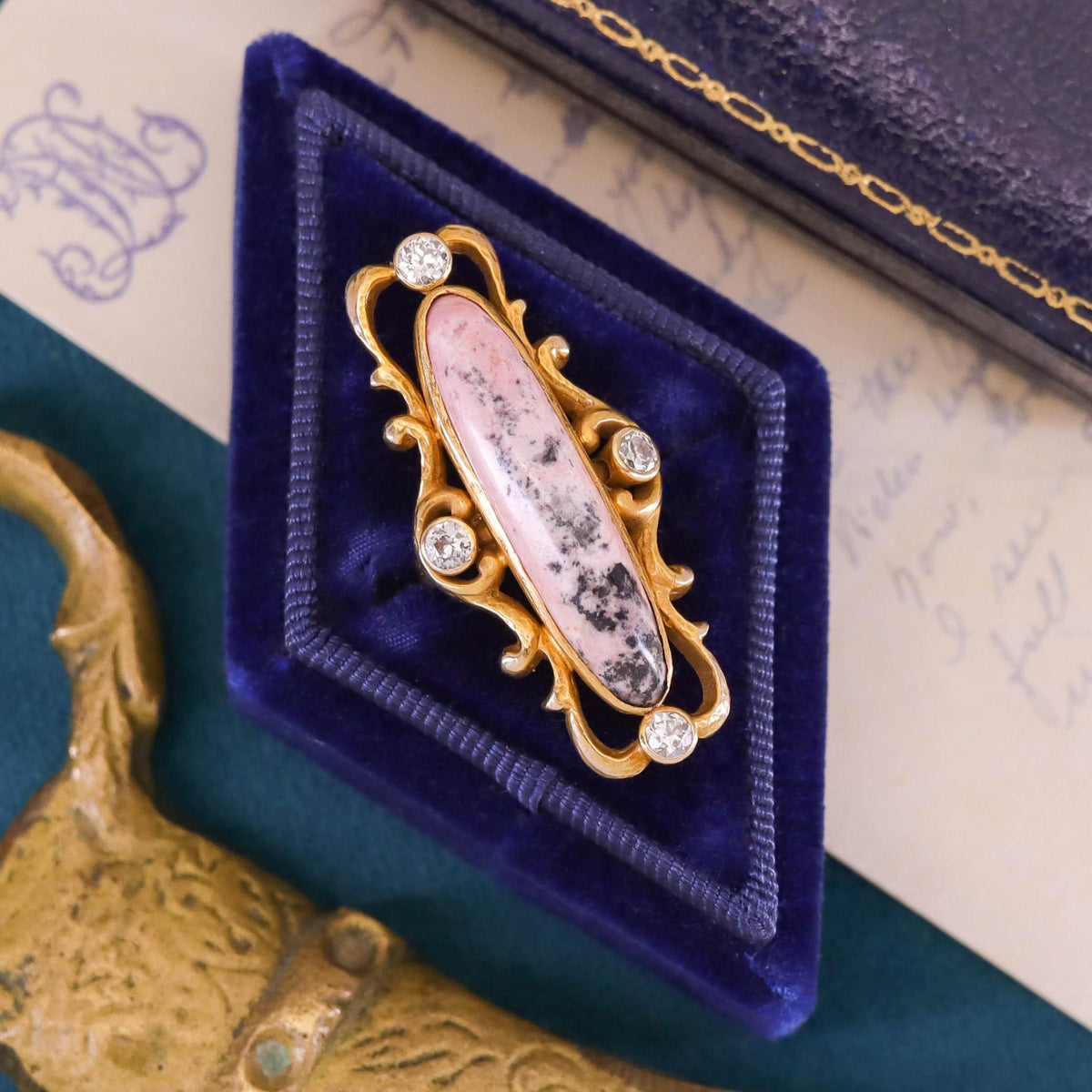 Art Nouveau Rhodonite and Diamond Ring of 10k Gold - Trademark Antiques