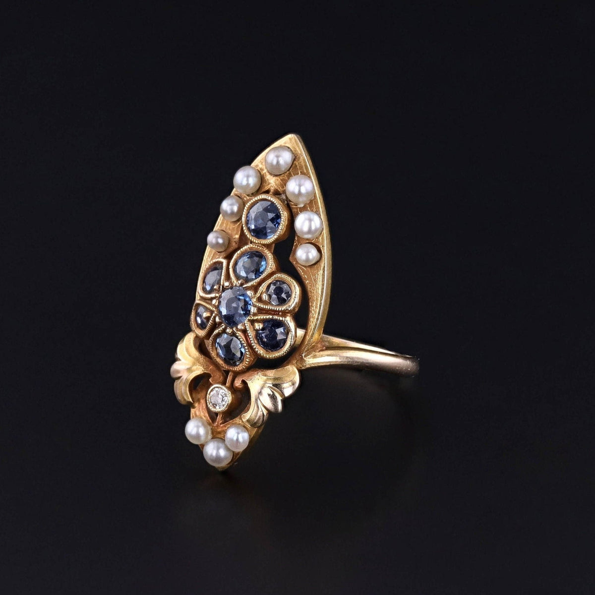 Art Nouveau Sapphire and Pearl Ring of 14k Gold - Trademark Antiques
