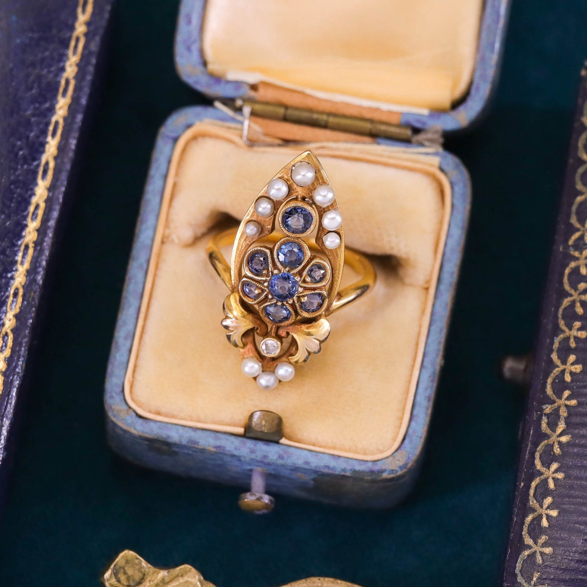 Art Nouveau Sapphire and Pearl Ring of 14k Gold - Trademark Antiques