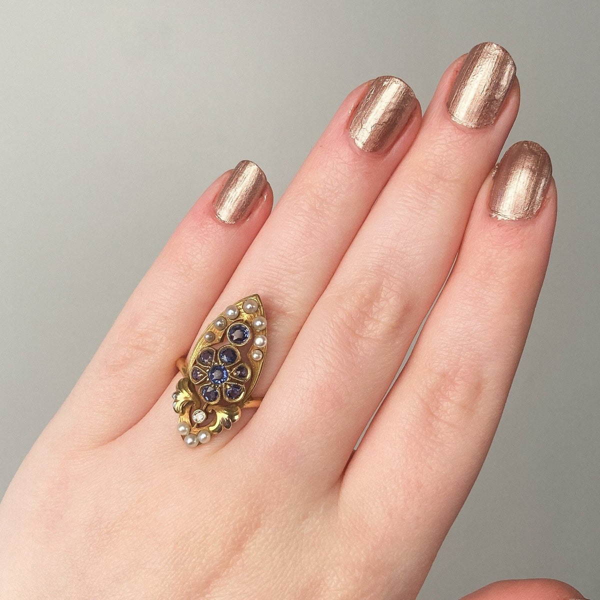 Art Nouveau Sapphire and Pearl Ring of 14k Gold - Trademark Antiques