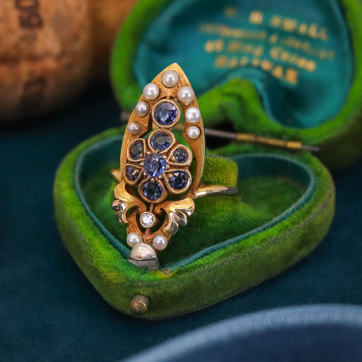 Art Nouveau Sapphire and Pearl Ring of 14k Gold - Trademark Antiques