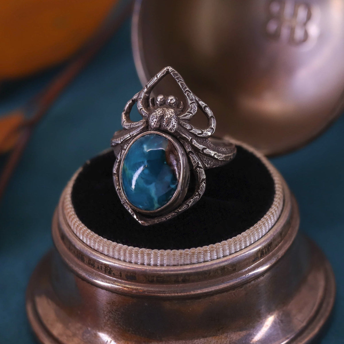 Art Nouveau Style Reproduction Silver and Chrysocolla Spider Ring of Sterling Silver - Trademark Antiques