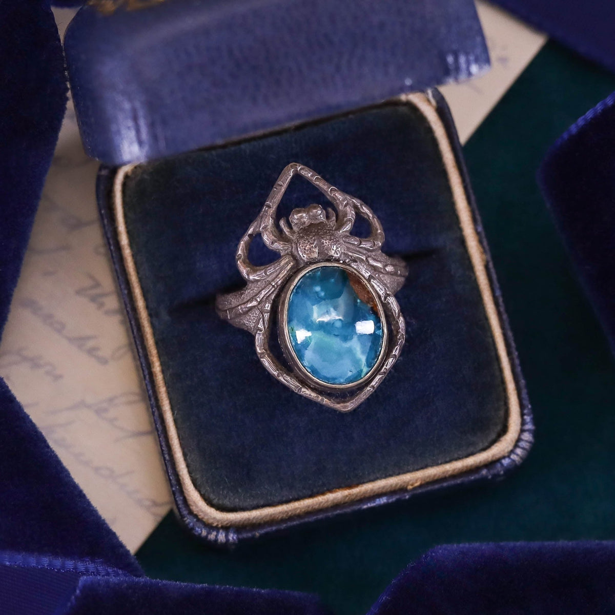 Art Nouveau Style Reproduction Silver and Chrysocolla Spider Ring of Sterling Silver - Trademark Antiques