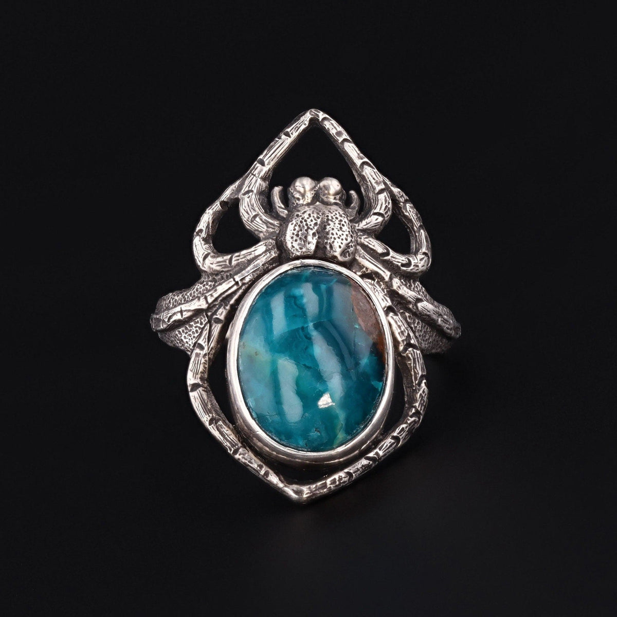 Art Nouveau Style Reproduction Silver and Chrysocolla Spider Ring of Sterling Silver - Trademark Antiques